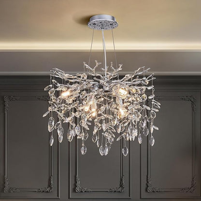 Modern Tree Branch Crystal Chandelier Luxury Silver Crystal Pendant Lighting 18" Contemporary 6-Light Chandeliers for Dining Room Kitchen Bedroom Living Room