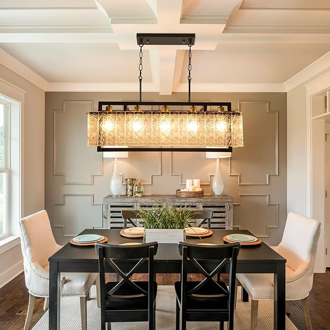Black Crystal Chandeliers for Dining Room, 35.4" Modern Chandelier for Living Room,Water Ripple Glass Design, Adjustable Height, Rectangle Hanging Light Fixture for Living Room Kitchen Island
