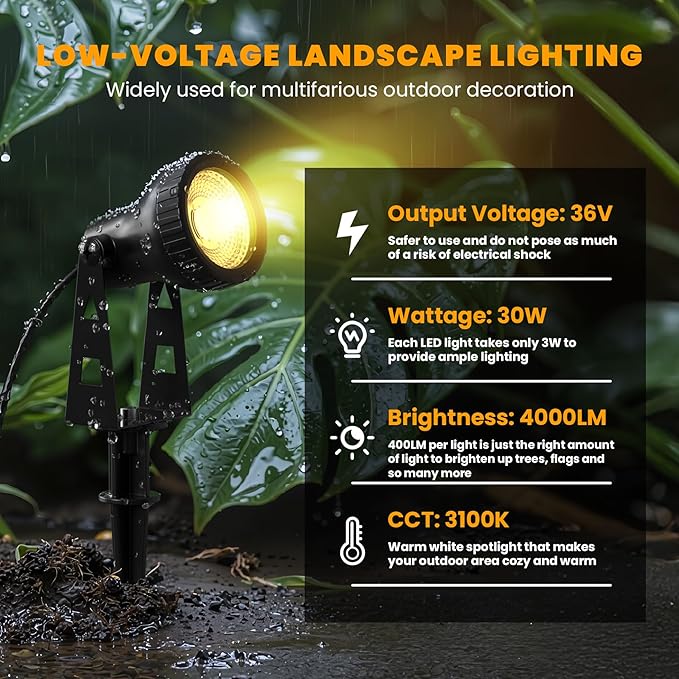 Zuske Outdoor Landscape Lighting, 10-Pack Low Voltage LED Spot Lights with Transformer, Waterproof IP65 Outdoor Landscape Lights for Garden, Yard, Backyard, Lawn, Trees, House, Flags – Warm White