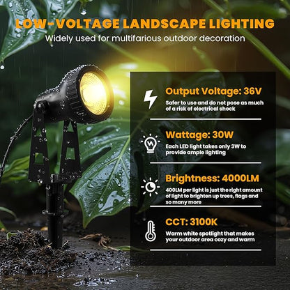 Zuske Outdoor Landscape Lighting, 10-Pack Low Voltage LED Spot Lights with Transformer, Waterproof IP65 Outdoor Landscape Lights for Garden, Yard, Backyard, Lawn, Trees, House, Flags – Warm White