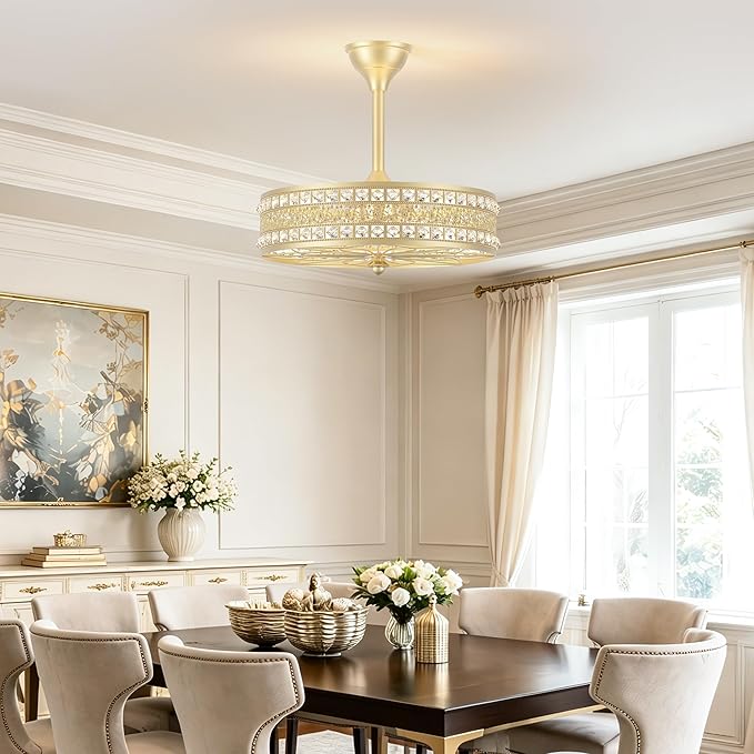 Fandelier Ceiling Fan with Light,Gold Crystal French Glam Drum Chandelier Fan, Decorative Elegant Caged Bladeless Hanging Pendant Light Fixture for Girls Room, Bedroom, Dining Room, Kitchen Island