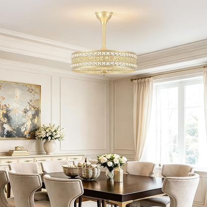 Fandelier Ceiling Fan with Light,Gold Crystal French Glam Drum Chandelier Fan, Decorative Elegant Caged Bladeless Hanging Pendant Light Fixture for Girls Room, Bedroom, Dining Room, Kitchen Island