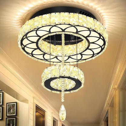 Flashing God Dia 12" Crystal Mini Chandelier Crystal Black Ceiling Light Fixtures LED Flush Mount Ceiling Light for Living Room Bedrooms Dining Room Dimmable 2700k 4500k 6000k