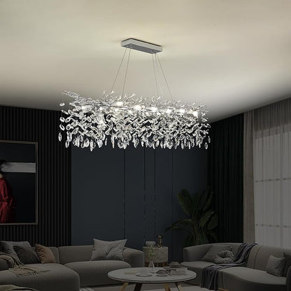 Tree Branch Chandelier Modern Crystal Pendant Light, Luxury Chrome Linear Rectangle Art Deco Raindrop Lighting Fixture for Dining Room Kitchen Island Living Room 10 Lights L40''