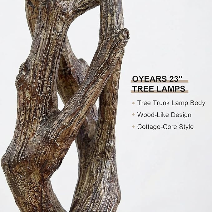OYEARS 23" Rustic Farmhouse Table Lamp Country Cottage Lamps for Nightstand Tree Trunk Wood Grain Lamp for Bedroom Living Room with Oatmeal Fabric Round Shade Resin Bedside Lamp