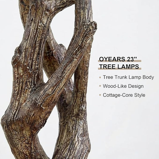 OYEARS 23" Rustic Farmhouse Table Lamp Country Cottage Lamps for Nightstand Tree Trunk Wood Grain Lamp for Bedroom Living Room with Oatmeal Fabric Round Shade Resin Bedside Lamp