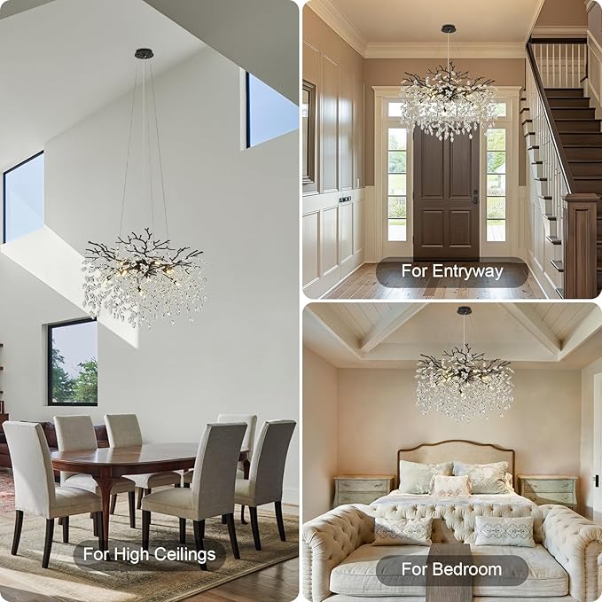 Black Chandelier for Dining Room, 31.5" Moder K9 Crystal Tree Branch Crystal Round Chandeliers for Living Room,High Ceiling,Kitchen Island,Foyer,Staircase,Bathroom