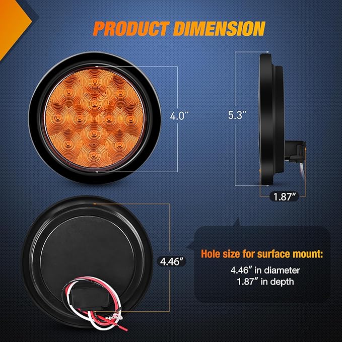 Nilight 4Inch Round Trailer Tail Light with Flush Mount Grommets Plugs w/Mounting Brackets 2PCS Amber Waterproof Turn Signals Lights for RV Truck