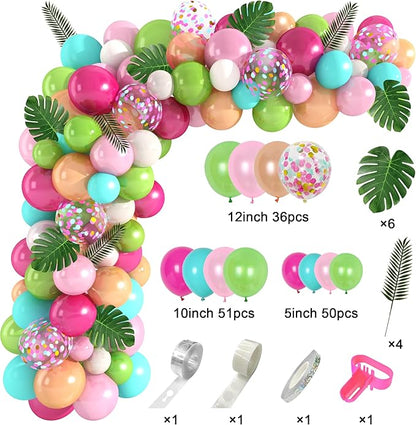 Amandir 151PCS Tropical Balloons Arch Garland Kit, Green Hot Pink Confetti Latex Balloons Palm Leaves for Tropical Hawaii Flamingo Birthday Baby Shower Wedding Party Decorations Supplies