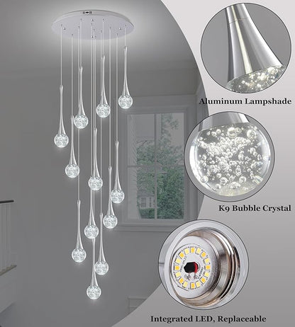 Modern Chrome Crystal Chandelier for High Ceiling 12-Lights, 120 Inches Luxury Spiral Dimmable LED Bubble Raindrop Pendant Lighting Fixture for Staircase Foyer Entryway Living Room