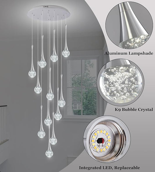 Modern Chrome Crystal Chandelier for High Ceiling 12-Lights, 120 Inches Luxury Spiral Dimmable LED Bubble Raindrop Pendant Lighting Fixture for Staircase Foyer Entryway Living Room