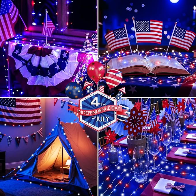 btfarm 4th of July Patriotic Fairy Lights Battery Operated, 6 Pack Red White Blue 3 Modes Twinkle String Lights, 7ft 20 Led Independence Day Mini for Mason Jars Vases Table Centerpiece Decorations
