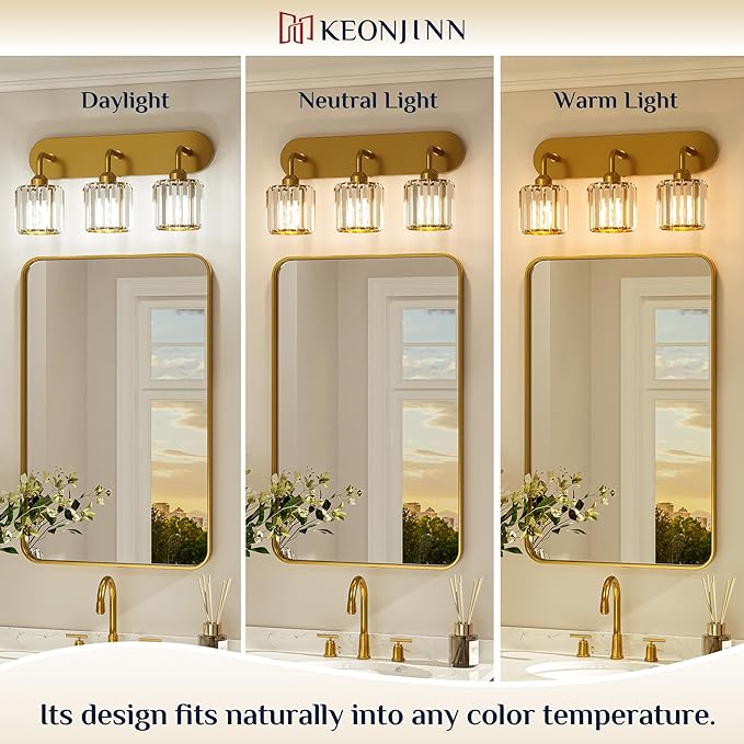 Keonjinn 5-Light Bathroom Light Fixtures, Crystal Gold Bathroom Vanity Lights Over Mirror, Vanity Lighting Fixtures with Crystal Square Shades (E26 Socket, Exclude Bulb)