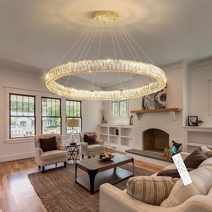 HAIXIANG Modern Crystal Chandelier Dimmable Large Ring LED Pendant Lights Adjustable Glam Chandeliers Lighting Fixtures for Dining Room Living Room Bedroom Gold Light