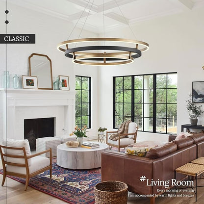 3 Ring LED Chandelier Black Gold Round Chandeliers Light Fixture 31in Dimmable Modern Circular Chandeliers Brass Gold Chandelier Light for Foyer Dining Room Bedroom Office Living Room Entryway