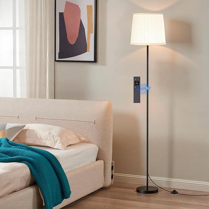 SIBRILLE Floor Lamp with Pleated Shade, 62" LED Dimmable Standing Lamp with Remote & Foot Switch, Color Options, 9W E26 Bulb Included, Modern Reading Light for Living Room Bedroom Office Corner, Black