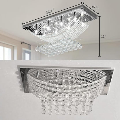 Crystal Chandelier Modern Chandelier Flush Mount Chandelier Silver Rectangle Crystal Raindrop Chandelier 8 Lights Ceiling Light Fixture Pendant Lamp for Kitchen Island Dining Room Closet Wedding Decor