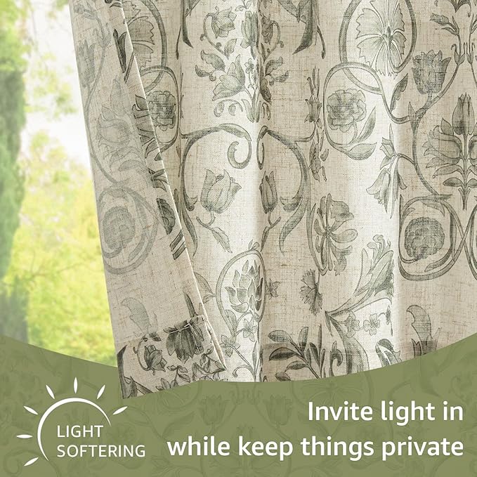 jinchan Small Window Curtains 45 Inch Linen Floral Curtain Set for Kitchen Bathroom Cafe Curtains Light Filtering Window Treatment Farmhouse Cottagecore Back Tab Drapes 2 Panels Green on Beige