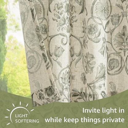 jinchan Small Window Curtains 45 Inch Linen Floral Curtain Set for Kitchen Bathroom Cafe Curtains Light Filtering Window Treatment Farmhouse Cottagecore Back Tab Drapes 2 Panels Green on Beige