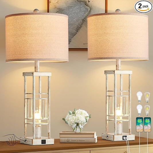 Reaketon Table Lamp for Living Room Set of 2 with USB C+A & Bulbs, 3-Way Dimmable 27.6" Farmhouse End Lamps, Rustic Bedside Lamp for End Tables, Industrial Nightstand Lamps for Bedroom