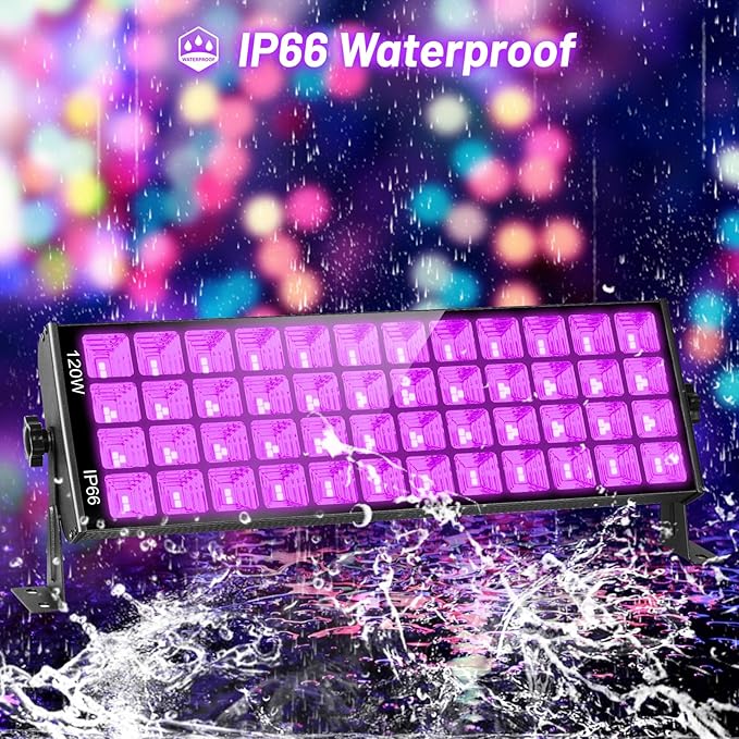 YQNLIFA 120W Waterproof LED Black Lights, 4 Pack Black Light Bar with 10Ft Cable and On/Off Switch, IP66 Indoor/Outdoor Blacklight for Neon Glow Party, Body Paint, Fluorescent Reactive, Back Yard