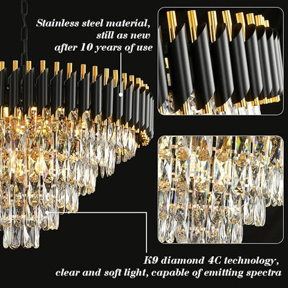 Modern Crystal Chandeliers for Dining Room 15-Light Black and Gold Chandelier Living Room Round 6 Tiers Contemporary Ceiling Hanging Light Pendant Light Fixture for Entryway Foyer Staircase W29”