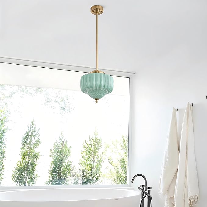 Schoolhouse Pendant Light, 12" Brass Gold Schoolhouse Ceiling Light Fixture with Mint Green Milk Glass Shade, Adjustable Height, Mid Century Modern Pendant Lighting for Kitchen Island Dining Room