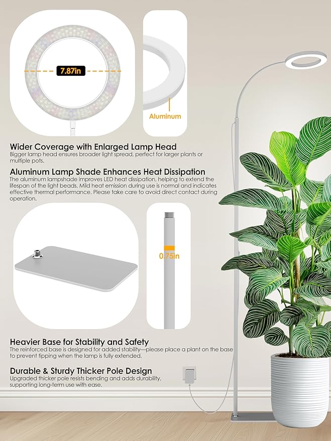 GLOWRIUM Grow Lights for Indoor Plants, Full Spectrum LED Grow Light, Stepless Dimming,3 Lighting Mode and Adjustable Height, Plant Light with 3/9/12/16H Timer (White, Single Head)