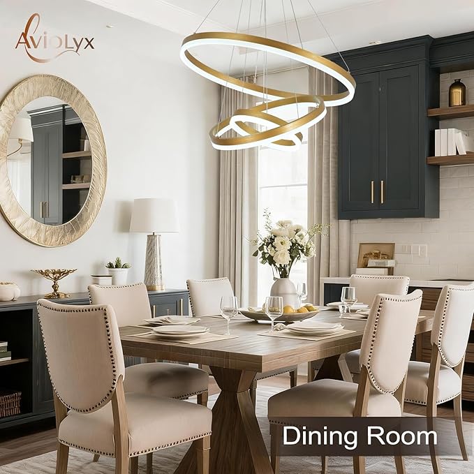 3 Rings Modern LED Chandelier Gold High Ceiling Ring Chandeliers with Remote Control Circular Pendant Light Dimmable for Dining Room Living Room Bedroom Foyer Entryway 3000K-6500K