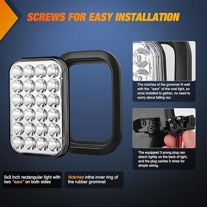 Nilight 5” X 3” Inch Rectangular Trailer Tail Light 2 PCS White 24 LED Back Up Reverse Lights w/Flush Mount Grommets Plugs IP67 Waterproof for 12V Truck ATV UTV Bus RV Camper