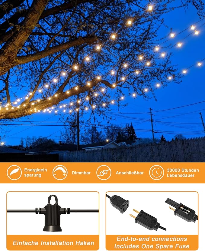 Zuske Outdoor String Lights, 200FT Patio Lights with 100 Shatterproof G40 Globe Bulbs(4 Spare), Waterproof Connectable Dimmable LED Hanging String Lights for Outside Backyard Porch Balcony (100FT x 2)