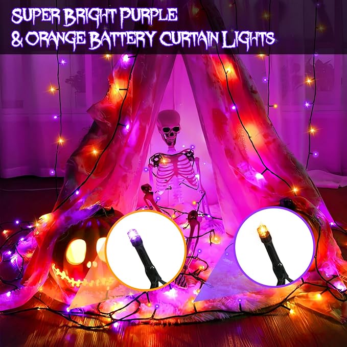 Purple Orange Curtain Lights Battery Operated Halloween 300 LED Hanging Curtain Lights with Remote 8 Modes Timer for Wedding Halloween Party Decór (9.8ft×9.8ft)