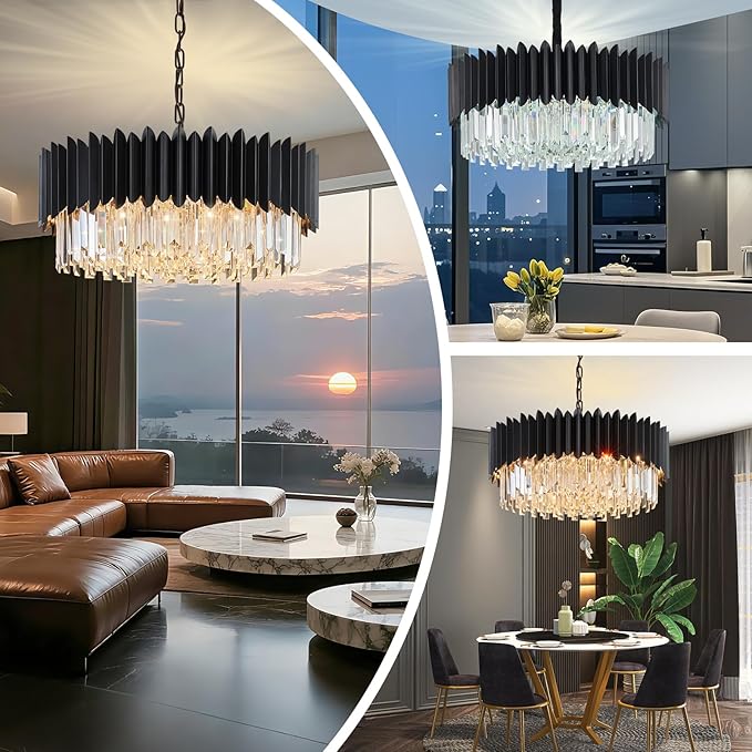 Black Crystal Chandelier 23.62'' K9 Crystal Round Pendant Lights Adjustable 5-Tier Large Modern Crystal Chandelier for Dining Room Living Room Kitchen Island Bedroom Foyer Entryway