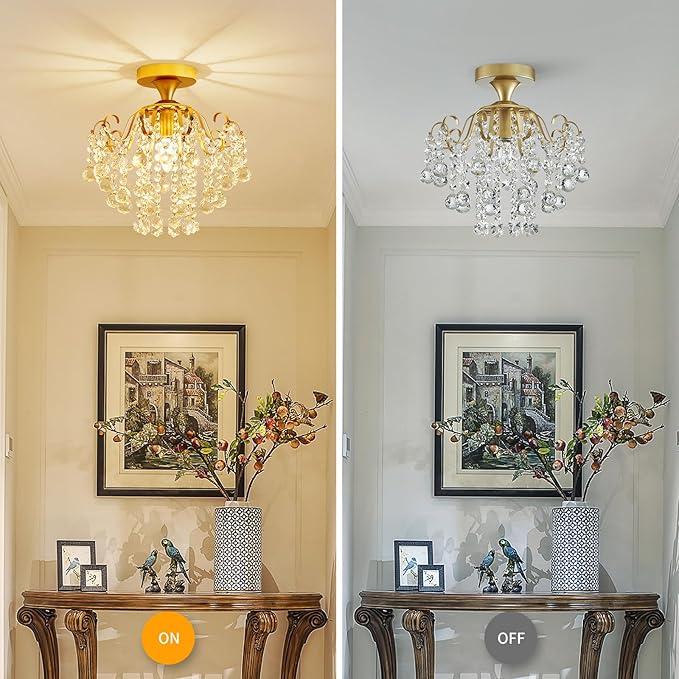 WUZUPS Crystal Chandelier Flushmount Ceiling Light Modern Lighting Fixture for Bedroom Hallway Bar Kitchen Bathroom, H 13.4" x W 12.6", E26 Base, Gold