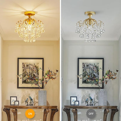 WUZUPS Crystal Chandelier Flushmount Ceiling Light Modern Lighting Fixture for Bedroom Hallway Bar Kitchen Bathroom, H 13.4" x W 12.6", E26 Base, Gold