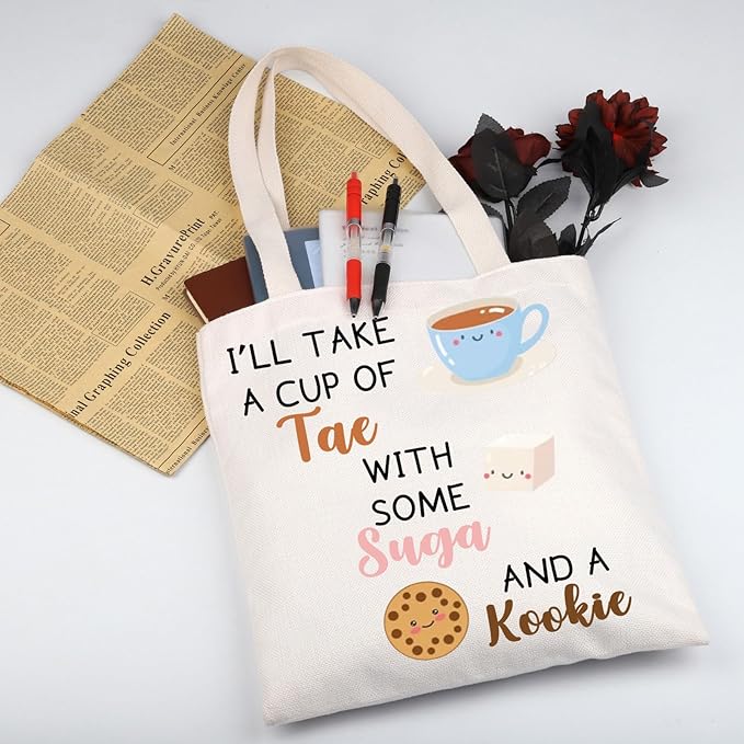 WSNANG Korean Group Fans Gift Music Lover Bag A Cup of Tae With Suga and A Kookie Tote Bag Reusable Shopping Bag