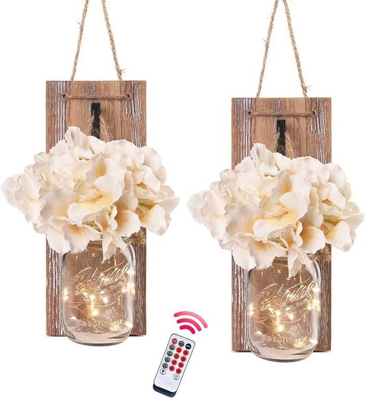 Mason Jar Wall Sconces Set of Two, Wall Deco Cute Wall Decor with LED Fairy Lights, Art for Living Room Modern Decorations, House Decor, Rustic Brown