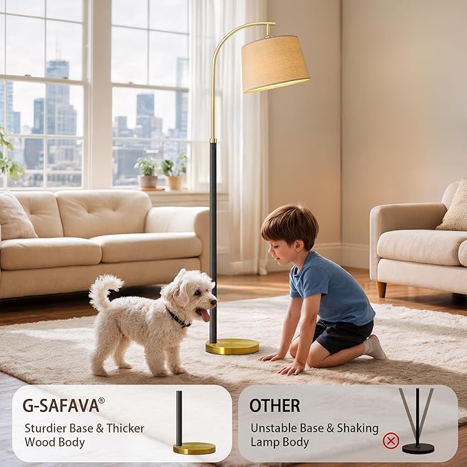 G-SAFAVA 63" Wood Floor Lamps for Living Room with Foot Switch Arc Tall Standing Lamp for Bedroom Mid Century Modern Corner Gold Floor Lamps for Office Nursery Industrial Reading Lamp, Wood Black