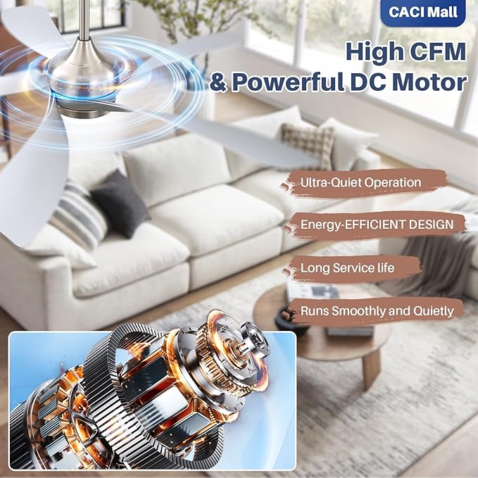 CACI Mall 52 Inch Ceiling Fans with Lights and Remote, modern, Outdoor ceiling fan with 6-Speed, 5 Blades, 2 Downrods, 3 CCT, Timer, Quiet Reversible DC Motor for Living Room, Bedroom, Patios