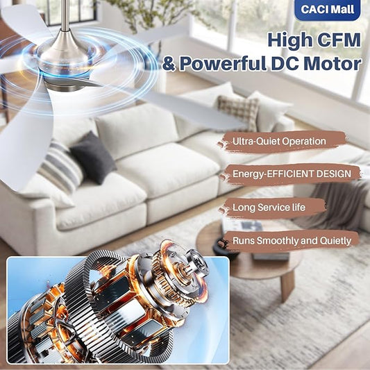 CACI Mall 52 Inch Ceiling Fans with Lights and Remote, modern, Outdoor ceiling fan with 6-Speed, 5 Blades, 2 Downrods, 3 CCT, Timer, Quiet Reversible DC Motor for Living Room, Bedroom, Patios