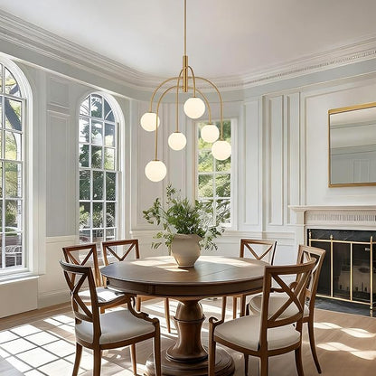 LamQee 6 Lights Mid Century Modern Chandelier, Milk Glass Globe Chandelier Light Fixture with Gold Metal & White Ball, Large Pendant Lighting Ceiling Hanging for Dining Room Kitchen Island Entryway