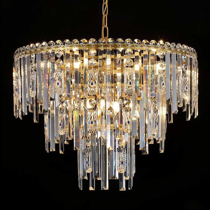 A AXILIXI Gold Crystal Chandeliers, 24” Modern Round Chandelier for Dining Room 3 Tiers 12 Lights Ceiling Pendant Light Fixtures Large Ceiling Chandeliers for Foyer Living Room Bedroom