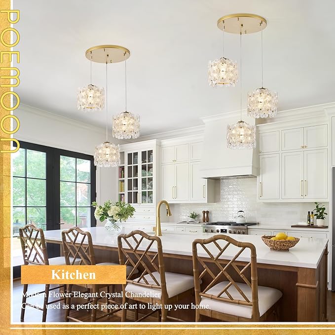 Gold Flower Glass Chandelier 3-Lights Cluster Pendant Lighting Modern Ceiling Pendant Light Fixture for Dinning Room Bedroom Kitchen Island Hallway Entryway