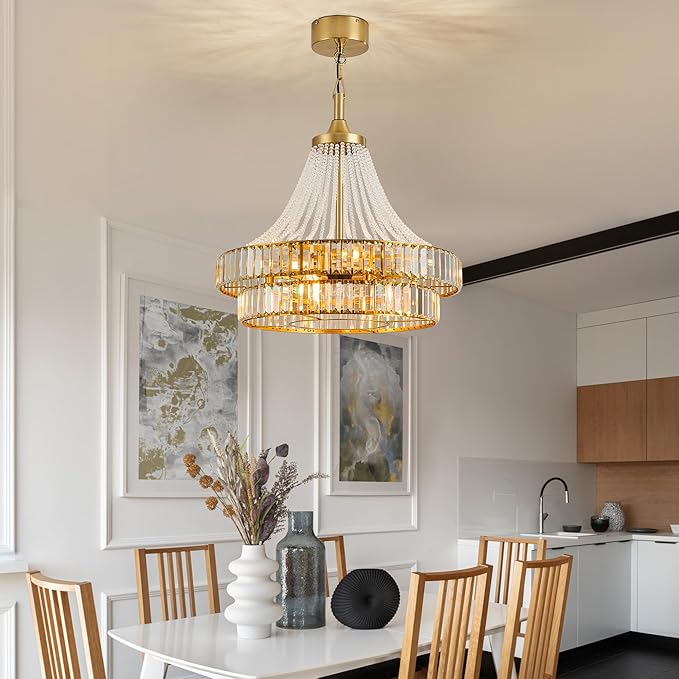 24“ Modern Crystal Chandelier Ceiling Fan with Lights, Remote & App Control, 6-Speed Reversible Large Fandelier, Double Layer Design for Bedroom, Living Room (Luxury Gold)