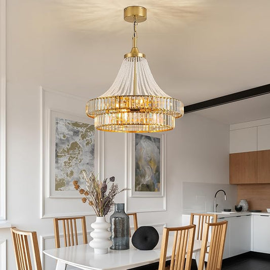 24“ Modern Crystal Chandelier Ceiling Fan with Lights, Remote & App Control, 6-Speed Reversible Large Fandelier, Double Layer Design for Bedroom, Living Room (Luxury Gold)