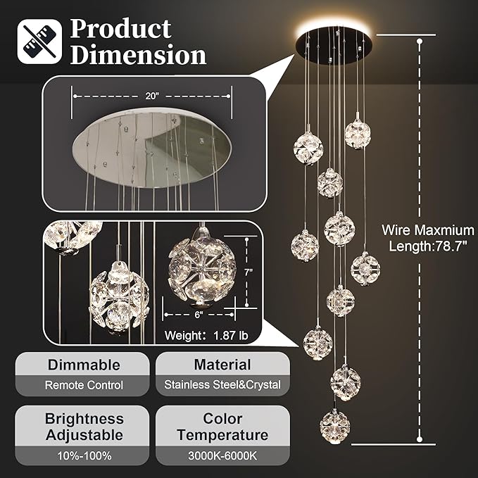 10-Light High Ceilings Long Chandeliers Modern Crystal Staircase Chandelier Hanging Flush Mount Lighting Fixtures for Spiral Staircase,Foyer,Entryway