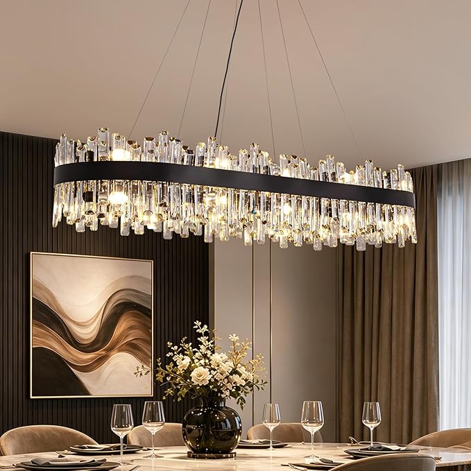 Large Rectangular Crystal Chandelier for Dining Room, 20-Light Modern 2-Tiers Oval Flush Mount Pendant Ceiling Light Fixture for Living Room Kitchen Island Bar 52 Inches
