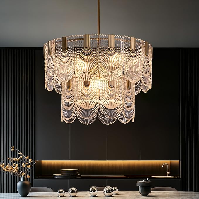 Crystal Glass Chandelier,Gold Glass Kitchen Island Lights,9-Light Dining Room Hanging Pendant Light Fixture for Living Room, Bedroom,Foyer, Bathroom,Entryway, Brass Finish, D24 xH25