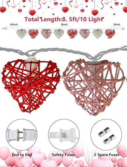 Red Pink and White Heart Shape String Lights, 8.5Ft Valentine's Day Decorations Lights with 10 LED Heart Light Bulbs, Hanging Window Fairy Lights for Indooe Outdoor Wedding Anniversary Valentine Decor