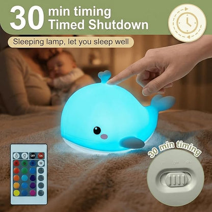 Whale Baby Night Light for Kids with Remote & Timer, Dimmable LED Squishy Soft Silicone Tap Lamp, USB Rechargeable Toddler Bedside Light for Breastfeeding, Kawaii Ocean Nursery Decor Gift